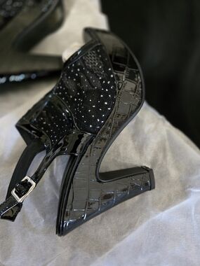 Black Patent Croc-Textured Platform Heel with Ankle Strap